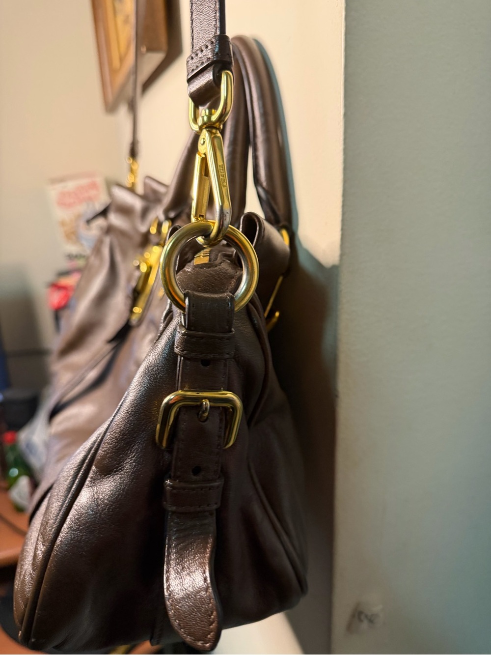 Authentic Prada Dark Brown Leather Satchel with Gold Hardware - Picture 5 of 14